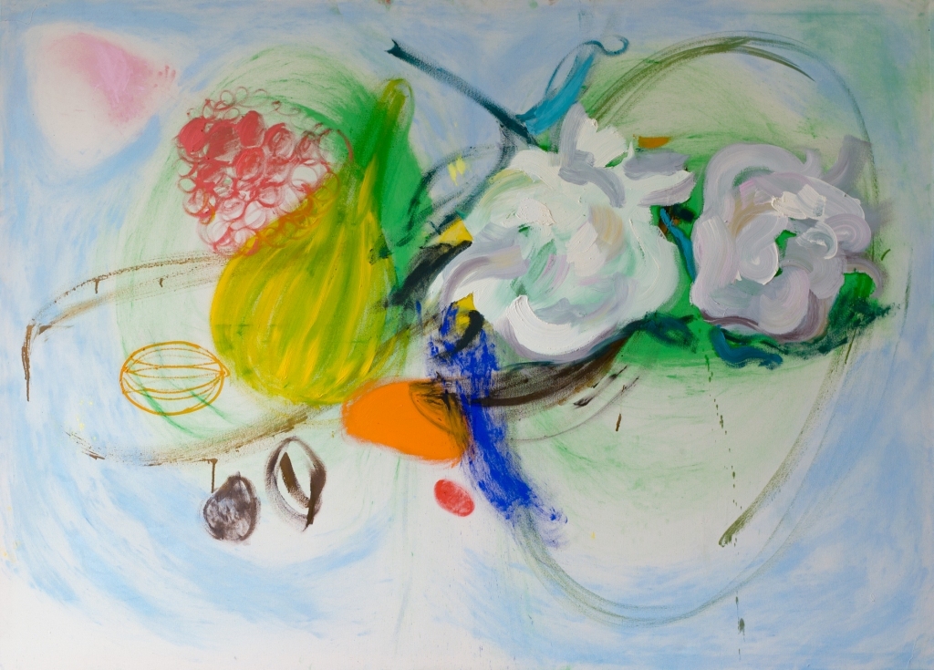 Julia Hinterberger, Großes Stillleben, Öl und Pigment auf Leinwand, 150 x 210 cm, 2014